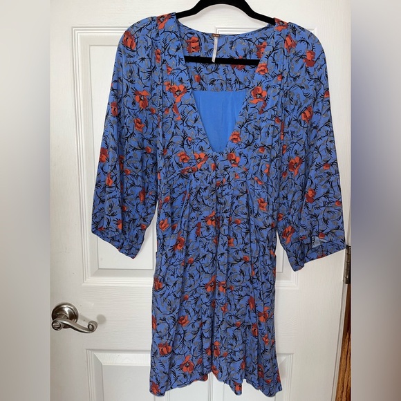 Free People Dresses & Skirts - Free People Blue Dress with Red Floral Design